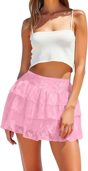 Women's Mesh Tiered Layer Ruched Y2K Skirts Ruffle Hem A Line Coquette Low Waist Skirt Cute Short Skirts Streetwear