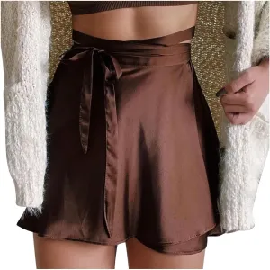 Women's Silky Satin Mini Short Skirt High Waist Bow Tie Wrap Around A Line Skirts Casual Solid Flowy Summer Skirt