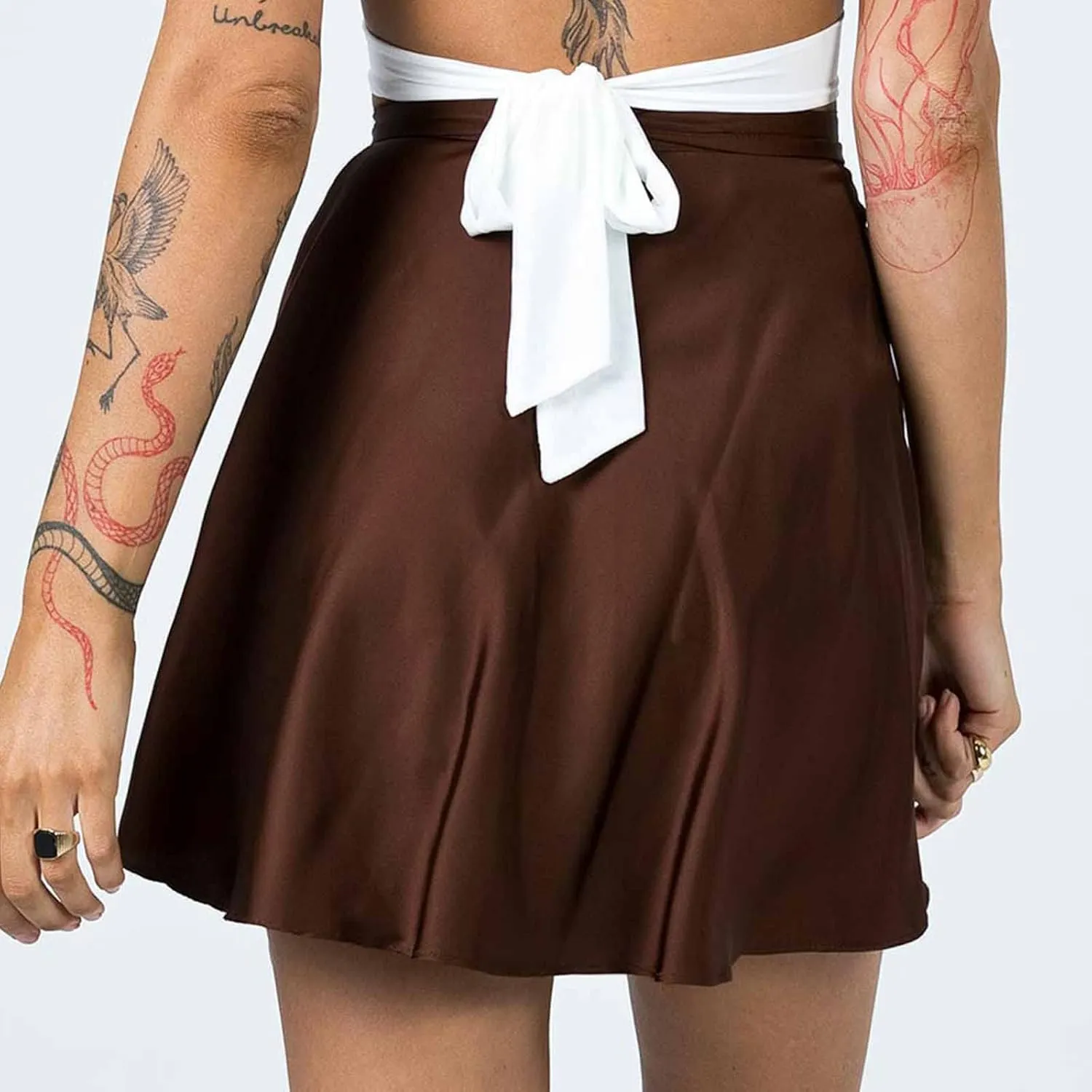 Women's Silky Satin Mini Short Skirt High Waist Bow Tie Wrap Around A Line Skirts Casual Solid Flowy Summer Skirt