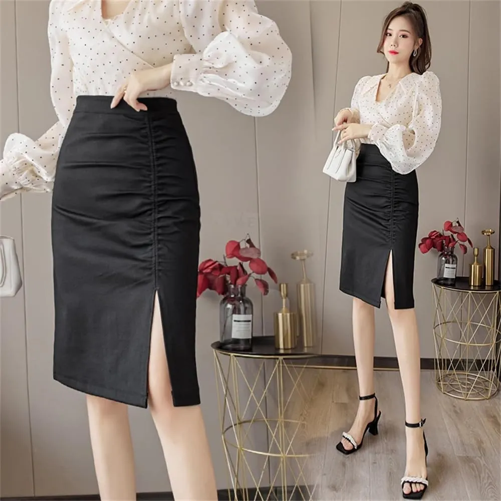 Women's Solid Wrap Skirts Vintage High Waist Office Sheath Pencil Straight Midi Skirts