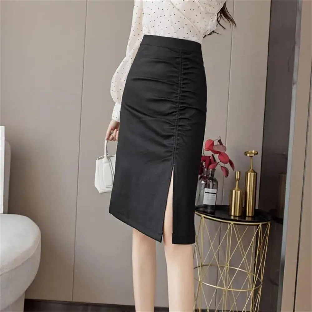 Women's Solid Wrap Skirts Vintage High Waist Office Sheath Pencil Straight Midi Skirts