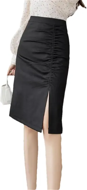 Women's Solid Wrap Skirts Vintage High Waist Office Sheath Pencil Straight Midi Skirts