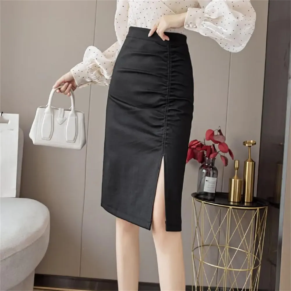 Women's Solid Wrap Skirts Vintage High Waist Office Sheath Pencil Straight Midi Skirts