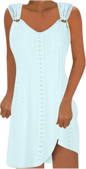 Womens Summer Dresses 2024 Casual Solid V-Neck Sleeveless Short Dress Palace Lock Flowy Loose Fit Mini Dress