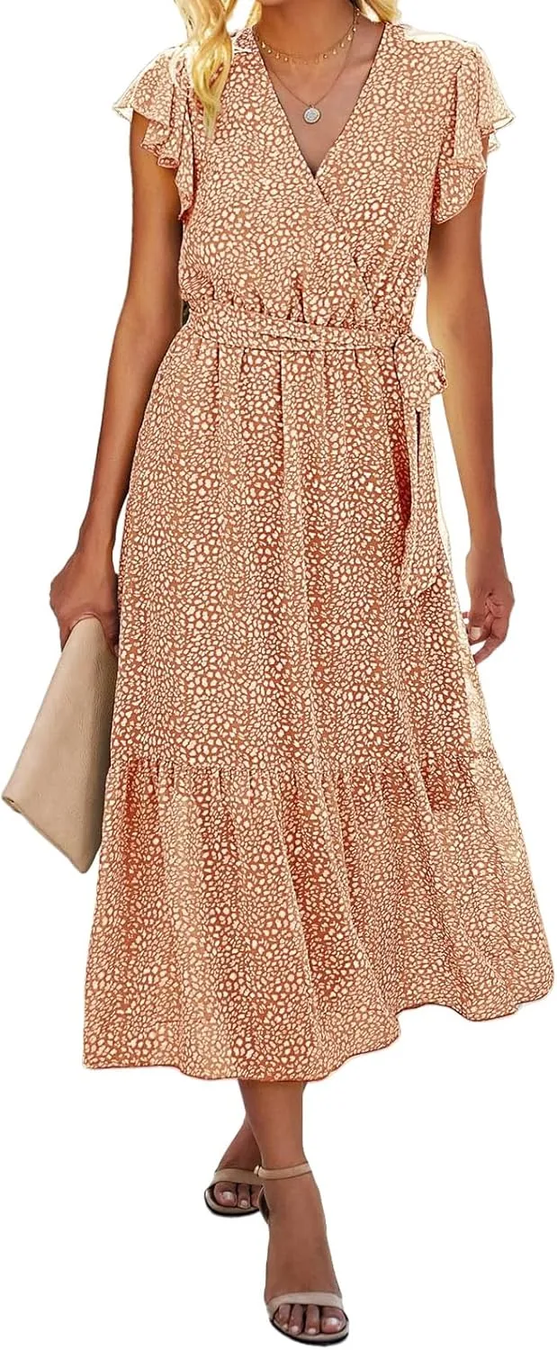 Women's Summer Floral Boho Dress Casual Wrap V Neck Ruffle Cap Sleeve Dress A-Line Flowy Belted Dresses Beach Dresses