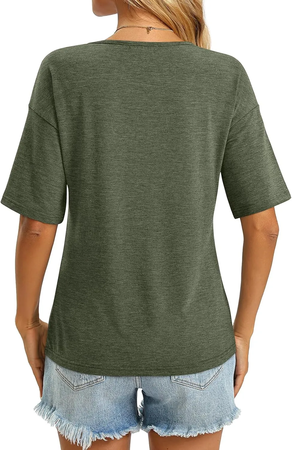 Women's V Neck Tops Elbow Length Shirts Loose Fit Summer Tops Basic Tees