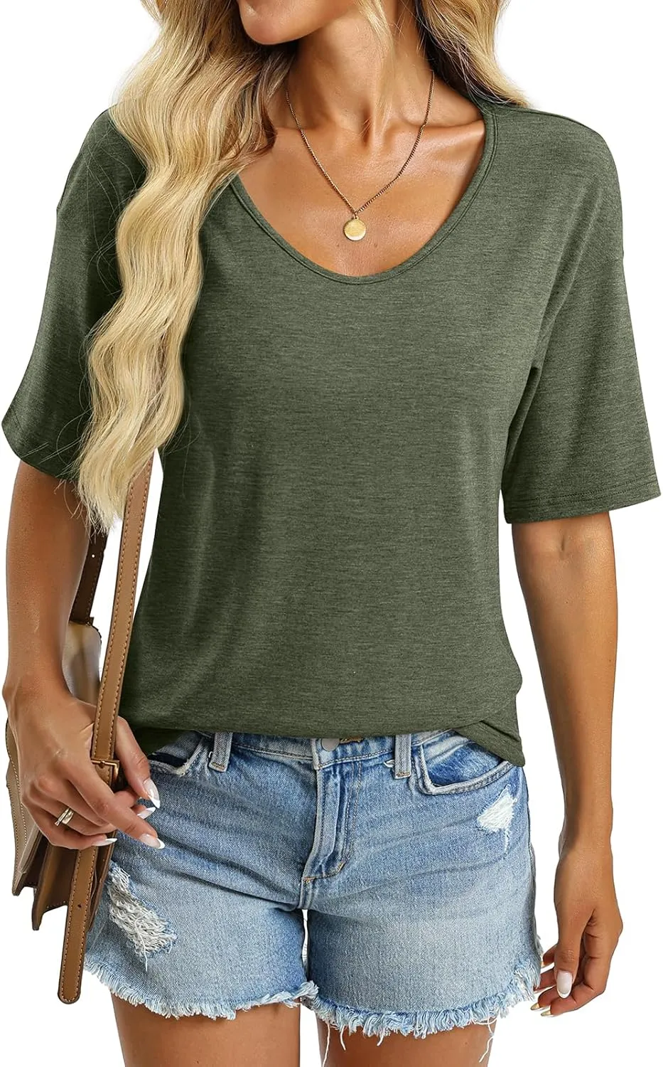 Women's V Neck Tops Elbow Length Shirts Loose Fit Summer Tops Basic Tees