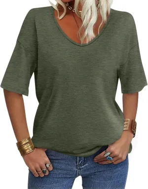 Women's V Neck Tops Elbow Length Shirts Loose Fit Summer Tops Basic Tees